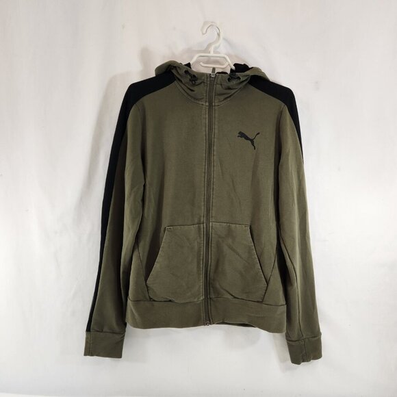 Puma Hooded Full Zip Sweatshirt Mens Size Medium Olive Green Black Stripe Logo - Picture 3 of 9